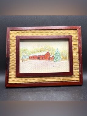 Schmidt Signed Winter Barn Farmhouse Landscape Watercolor Painting Wood Frame